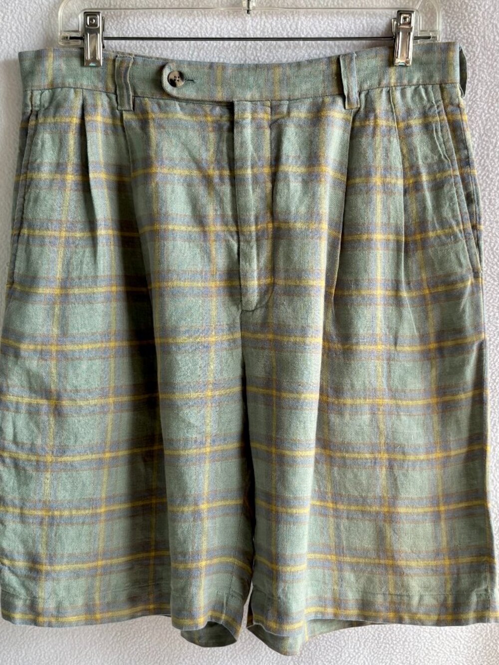 Teal Plaid Linen Shorts 32 Waist